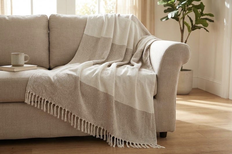 Ambrosia 130 x 160 cm 400GSM Cotton Throw Blanket Beige Striped Herringbone Pattern, Cozy Boho Decorative Woven Fringe Blanket for Sofa Couch Bed and Travel - Image 5